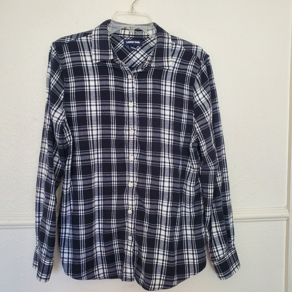 Lands' End Women's Black White Plaid Flannel Button-Up Shirt Size 12 Cotton